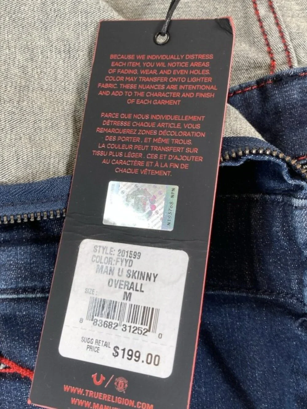 NWT True Religion Manchester United Jumpsuit Man U Denim Overalls Medium